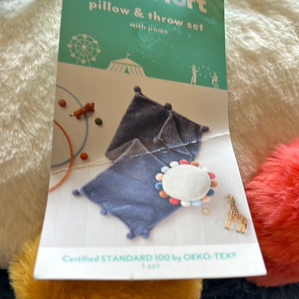 Pillowfort blue and white Decorative Cushion and blanket set with pom poms